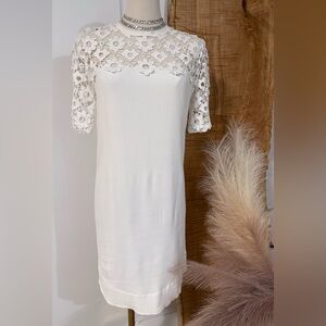 Sandro White Sheath Midi Dress with Mock Neck